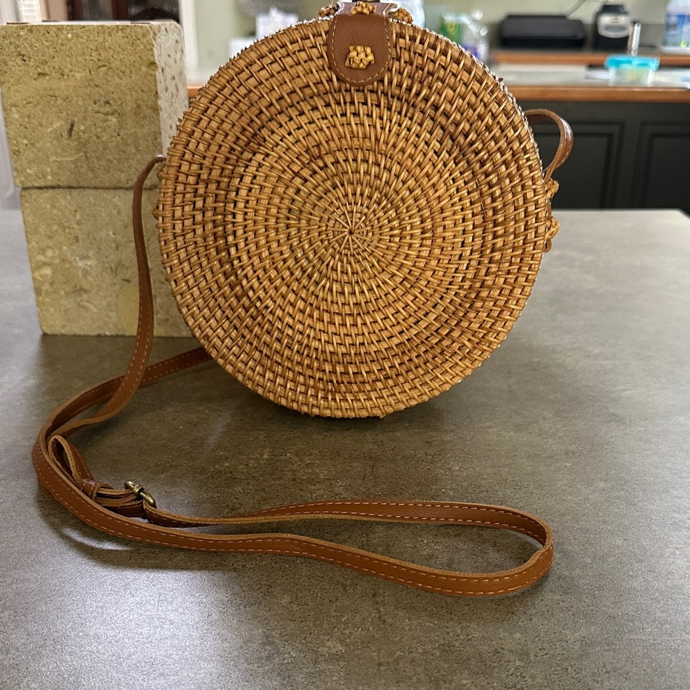 Brown Woven Round Crossbody Bag